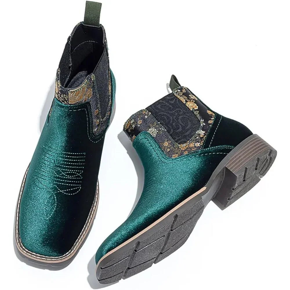 Men's Green Velvet Printed Chelsea Slip-on Dress Ankle Formal Casual Boots